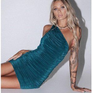 Princess Polly Lioness Ruched Godess Mini Dress Emerald Green